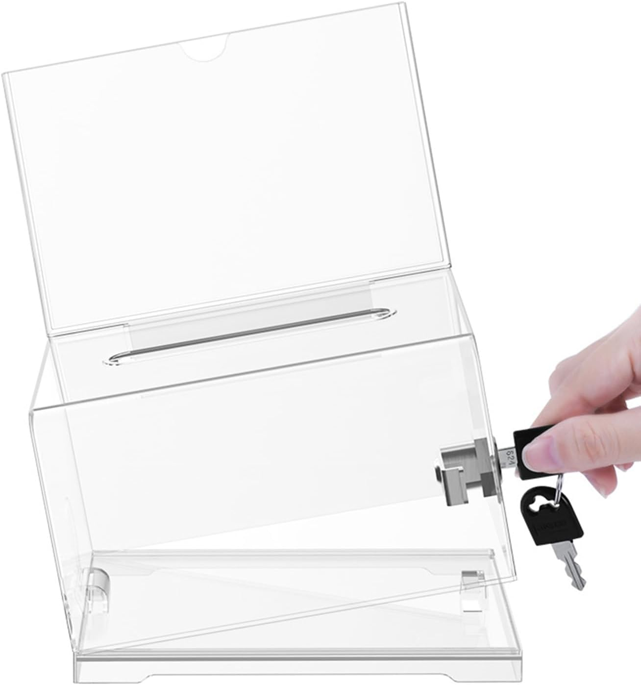 Acrylic Donation Box, Lockable Donation Box, Ballot Box, Black, Transparent with Key Lock, for Sweepstakes, Votes, Business Cards, with Sticker
