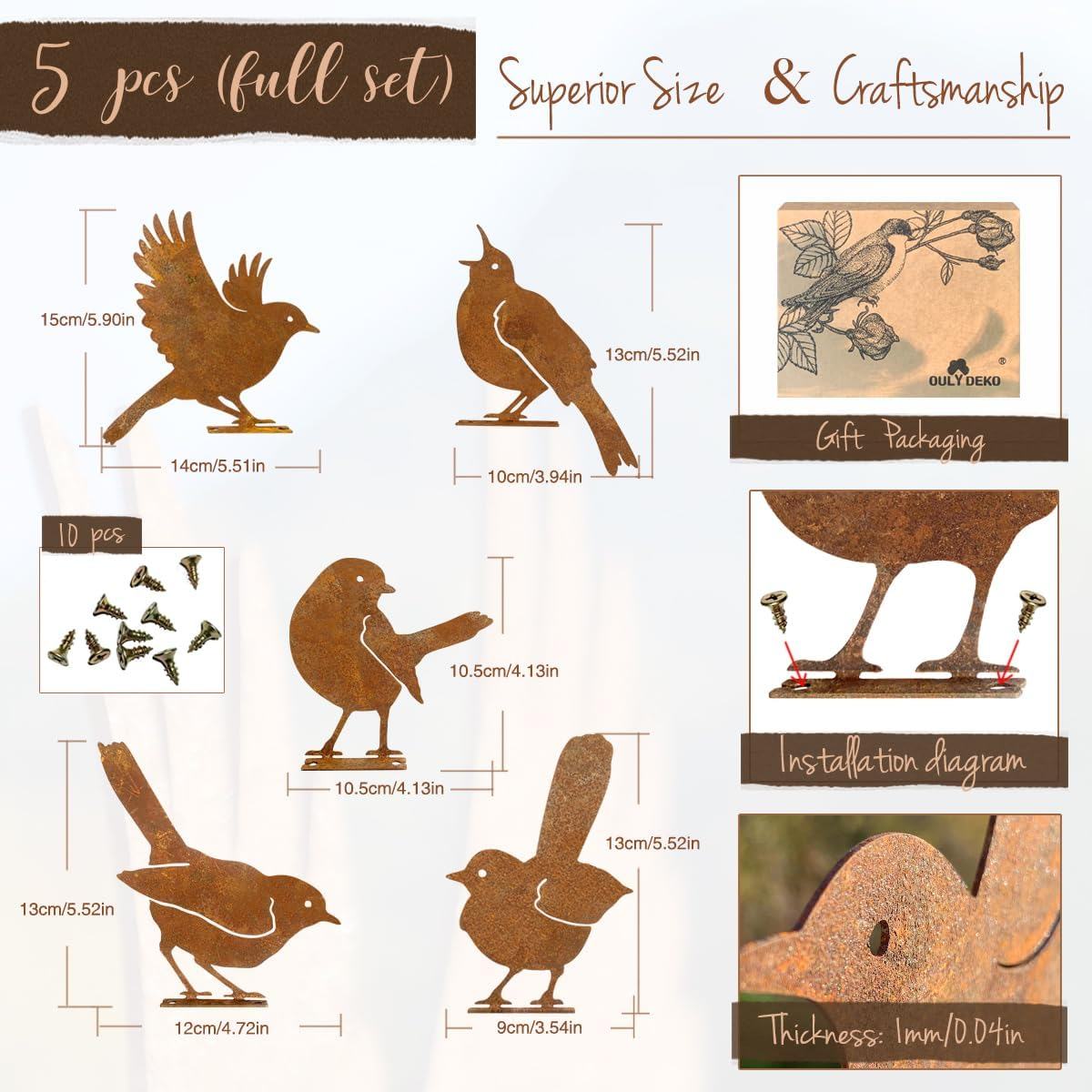 5PCS Rusty Birds Decoration,Outdoor Bird Wall Decor,Metal Birds Yard Decor, Metal Birds Craft Statue Ornaments - Garden Sculptures and Yard Art, Fence Decorations Outdoor,Rustic Garden Decor image number 4