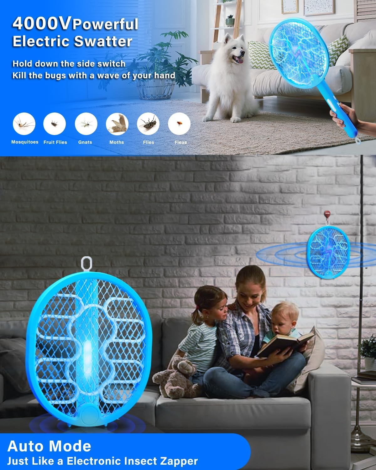 STORMHERO Electric Mosquito Swatter, Bug Zapper Racket Fly Swatter, 2IN1 Foldable Mosquito Trap Fly Killer, 4000V Bug/Mosquito Repellent with 3-Mode USB Rechargeable for Indoor&Outdoor, Garden&Camping