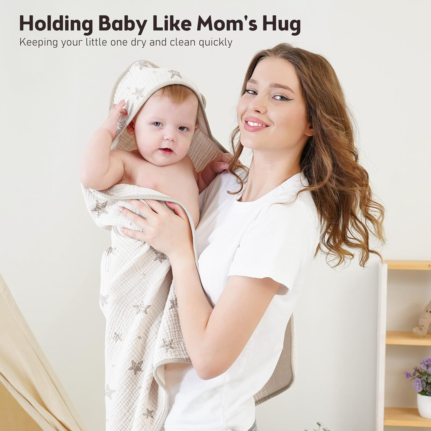 Bearmoss Muslin Baby Bath Towels 100% Cotton Baby Hooded Bathing Towels for Newborn Unisex Baby Boys Girls Infants Toddlers & Kids - 30X30In 2Pack (Cream Star) - Blue Moon image number 3