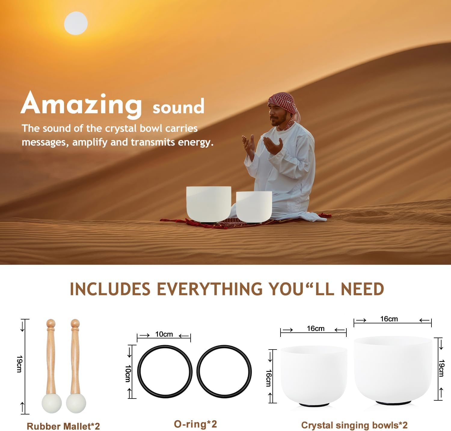 Lycrystal Couple of 2 PCS Crystal Singing Bowl Set, 8'' F Note Heart Chakra and 10'' C Note Root Chakra, Sound Bowl Meditation Set for Healing with Carry Case Bag., White, (FBA-8F10C) image number 6