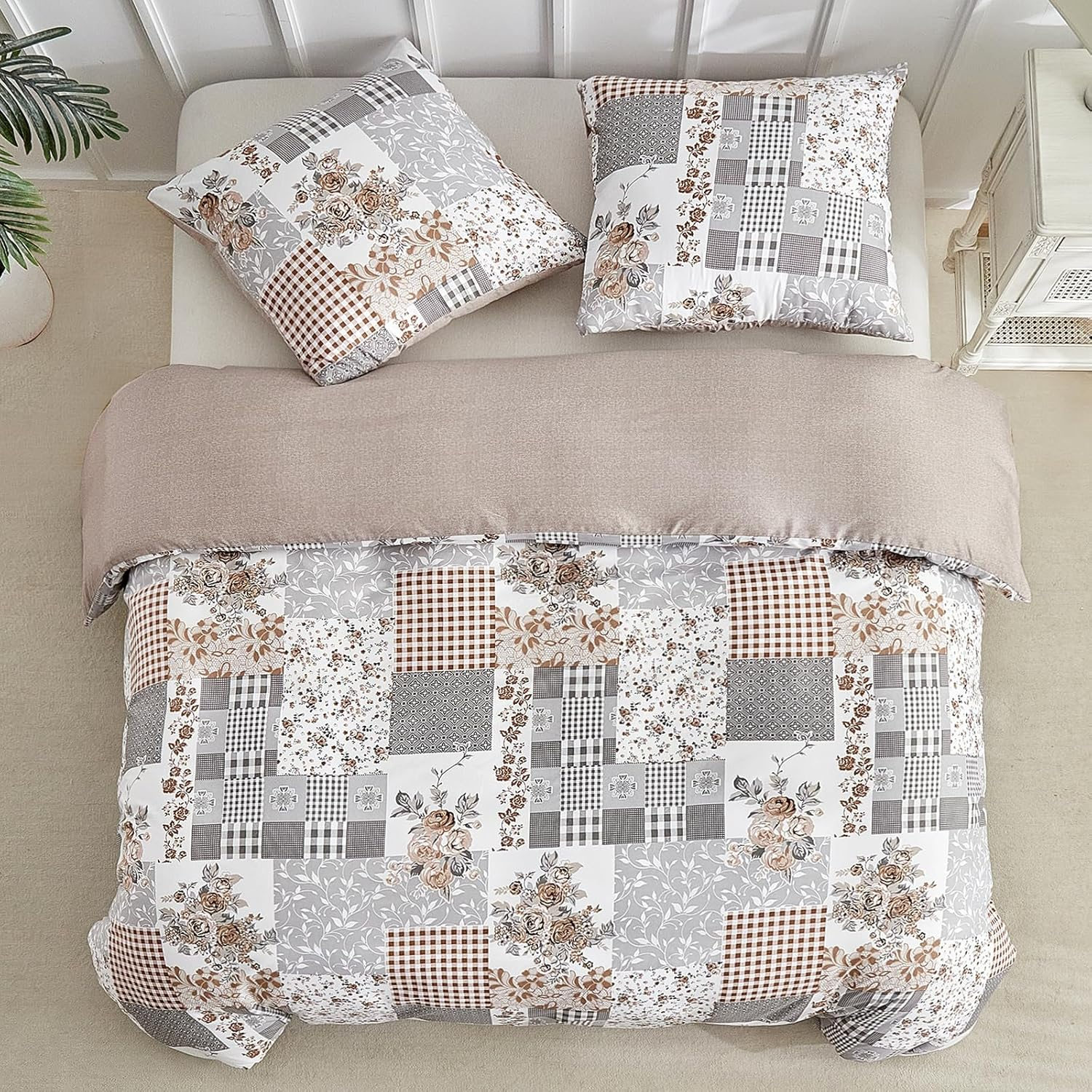 Tokokimo Duvet Cover 220 X 240 Cm with 2 Pillowcases 65 X 65 Cm - Bohemian Patchwork Floral Pattern - 100% Microfibre Bedding Set 220 X 240 Cm for Adults with Zips, Khaki image number 5
