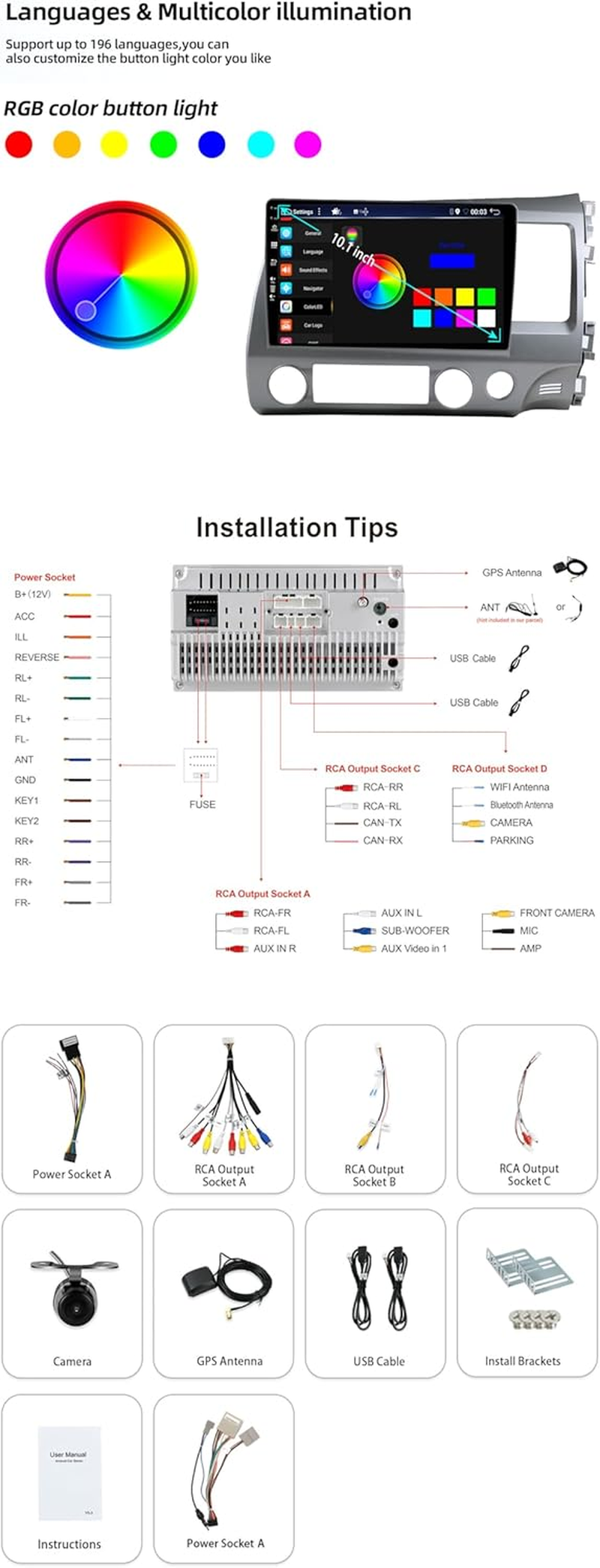 Android 14 IPS Car Stereo for Honda Civic RHD (2006-2011)- 2G+32G - Wireless Carplay/Android Auto - Rear Camera Free - 10.1 Inch 2 Din - DAB Steering Wheel Fast-Boot DSP Bluetooth Wifi image number 3