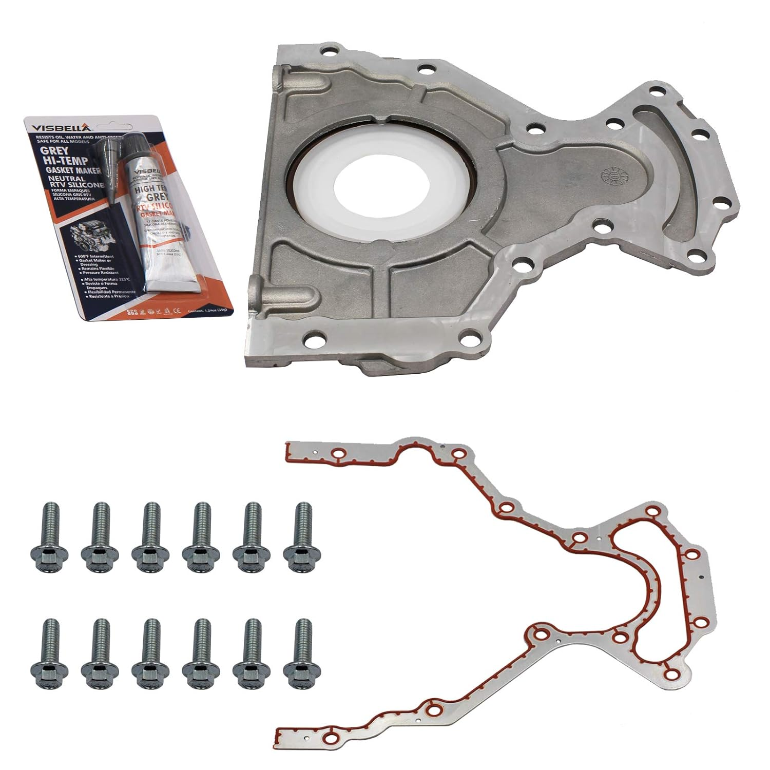 Crankshaft Rear Main Seal - with Housing Cover, Gasket, Bolt Kit Replacement for 4.8 5.3 6.0 6.2 GMC 2020-97, Isuzu 2016-03, Saab 2009-05 635-518 12639250 image number 1