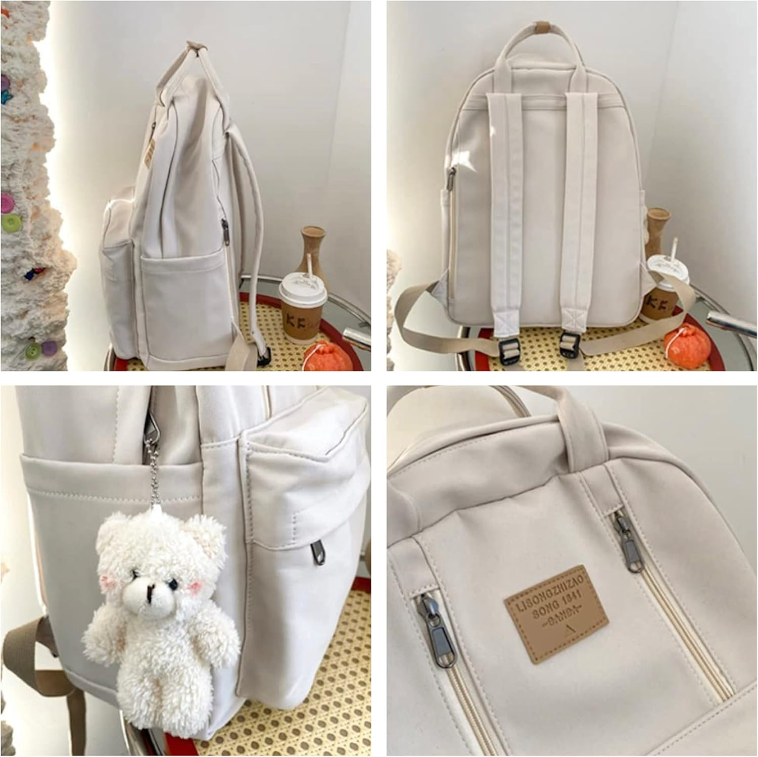 MININAI Preppy Backpack with Plushies Cute Backpack Light Academia College Backpack Solid Aesthetic Rucksack for Travel image number 6