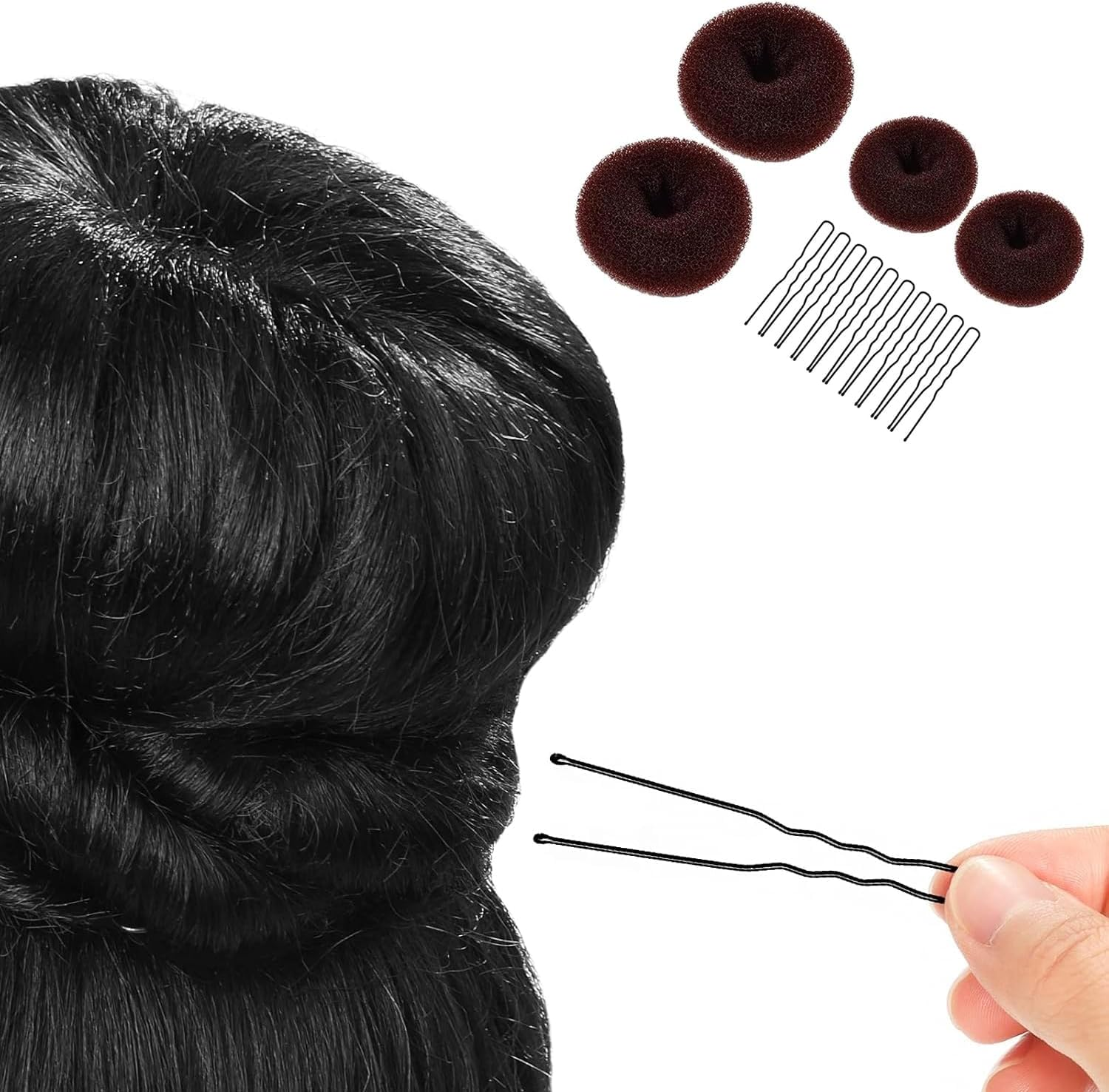 4 Pieces Hair Donut Bun Maker Set, Hair Donut Bun Ring with 20 Golden Hairpins, Chignon Bun Maker Hair Ring Style Accessories for Dancers, Donut Bun Hair Accessories (Coffee) image number 6