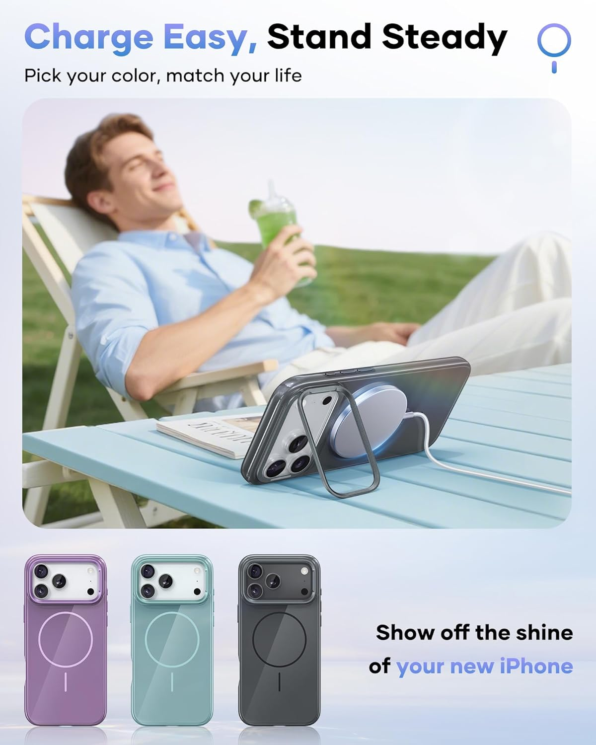 Vihibii for Iphone 17 Pro Max Case with Adjustable Stand, [Compatible with Magsafe], Fade-Resistant Glow Stylish Slim, Shockproof Sturdy Back Cover & Silicone Edges Phone Cover Case, 6.9" 2025, Grey - Purple image number 7