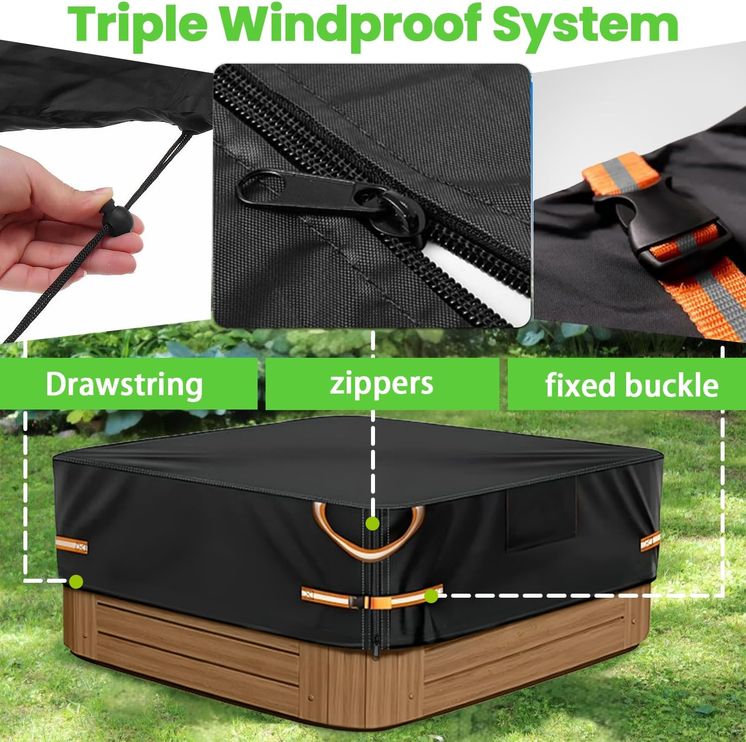 Hot Tub Cover Protector 600D Oxford Waterproof &ndash; Outdoor Square Spa Covers for Patio, Garden & Backyard, UV Resistant Dustproof Hot Tub Covers Replacement, Fits 220&times;220&times;30Cm image number 2