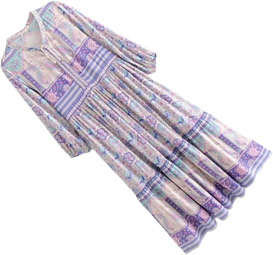 Bohemia Style Maxi Dress for Women Long Sleeve Lapel Elegant Party Wear Dress Casual Daily Workwear Blue image number 2