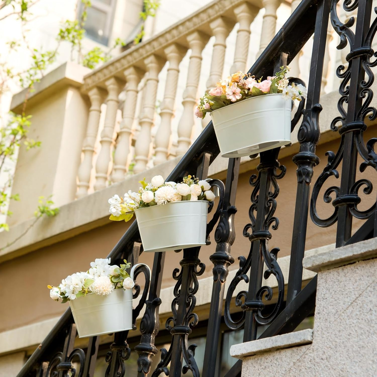 3 Pcs Pearl White Metal Hanging Flower Pots for Railing Fence, Outdoor Planter Window Flower Planter with Removable Hook&Gardening Gloves Drainage Holes for Home Decor image number 2