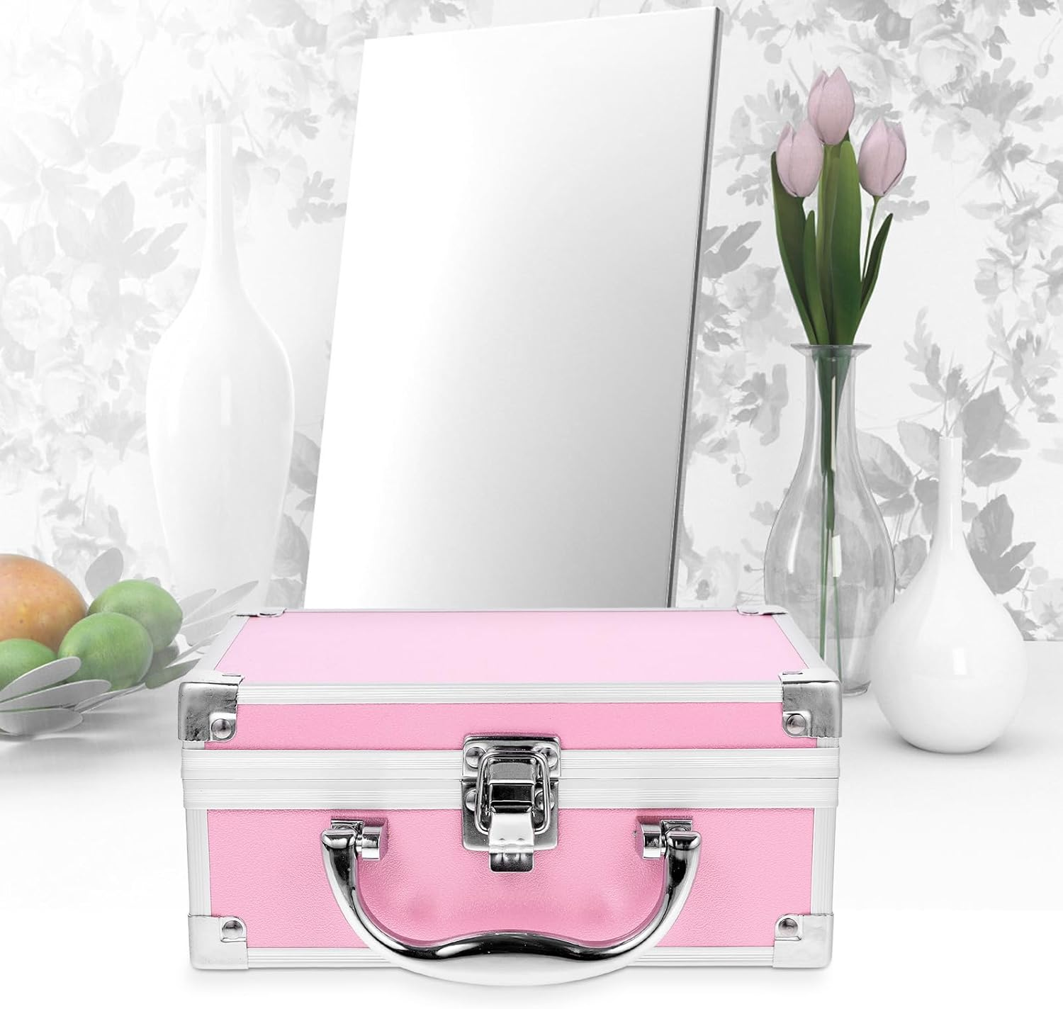 PHENOFICE Portable Aluminum Alloy Cosmetic Case Small Pink Makeup Organizer Travel Tool Storage Box with Handle for Makeup Artists and Hairstylists Briefcase image number 2
