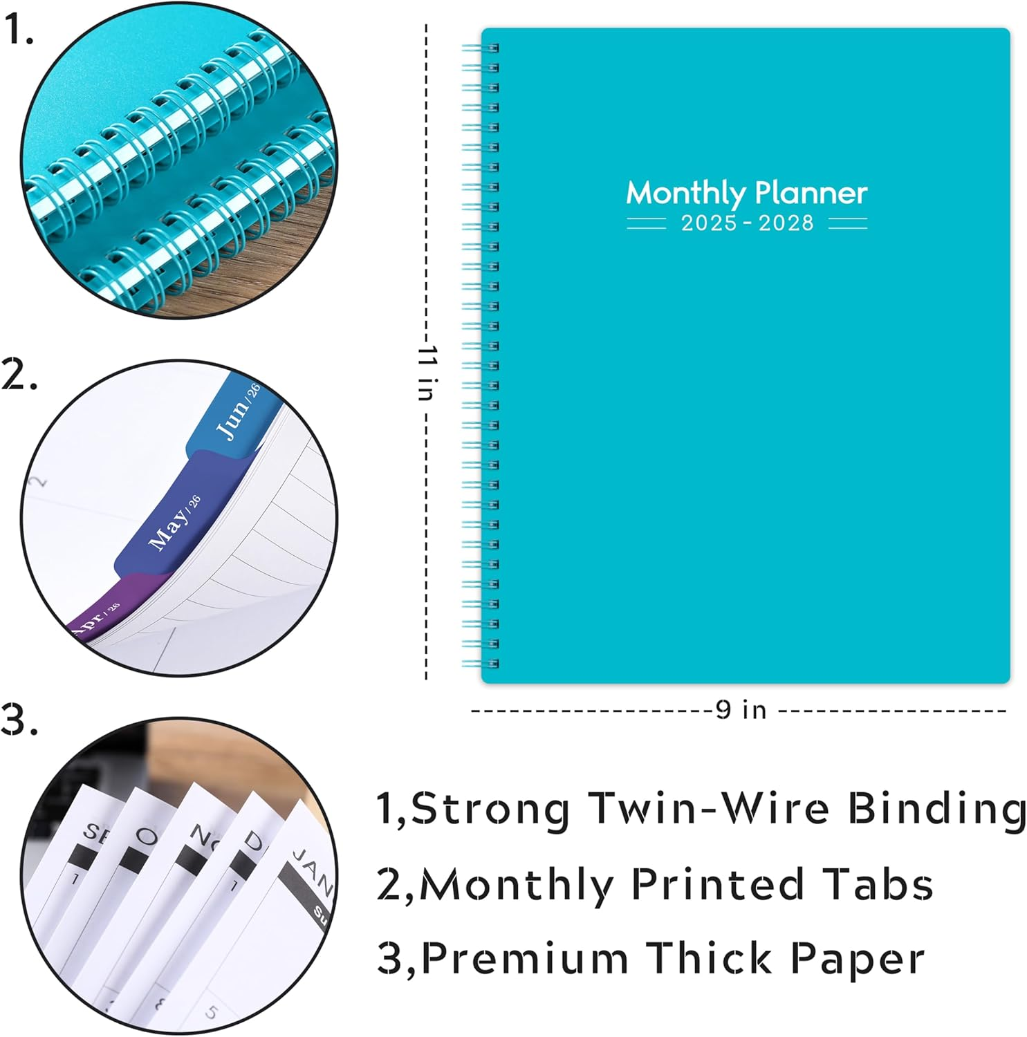 2025-2028 Monthly Planner/Calendar - 3 Year Monthly Planner 2025-2028, Jul.2025 - Jun.2028, 9" X 11", 36-Month Calendar + Colorful Tabs + Pocket - Teal image number 5