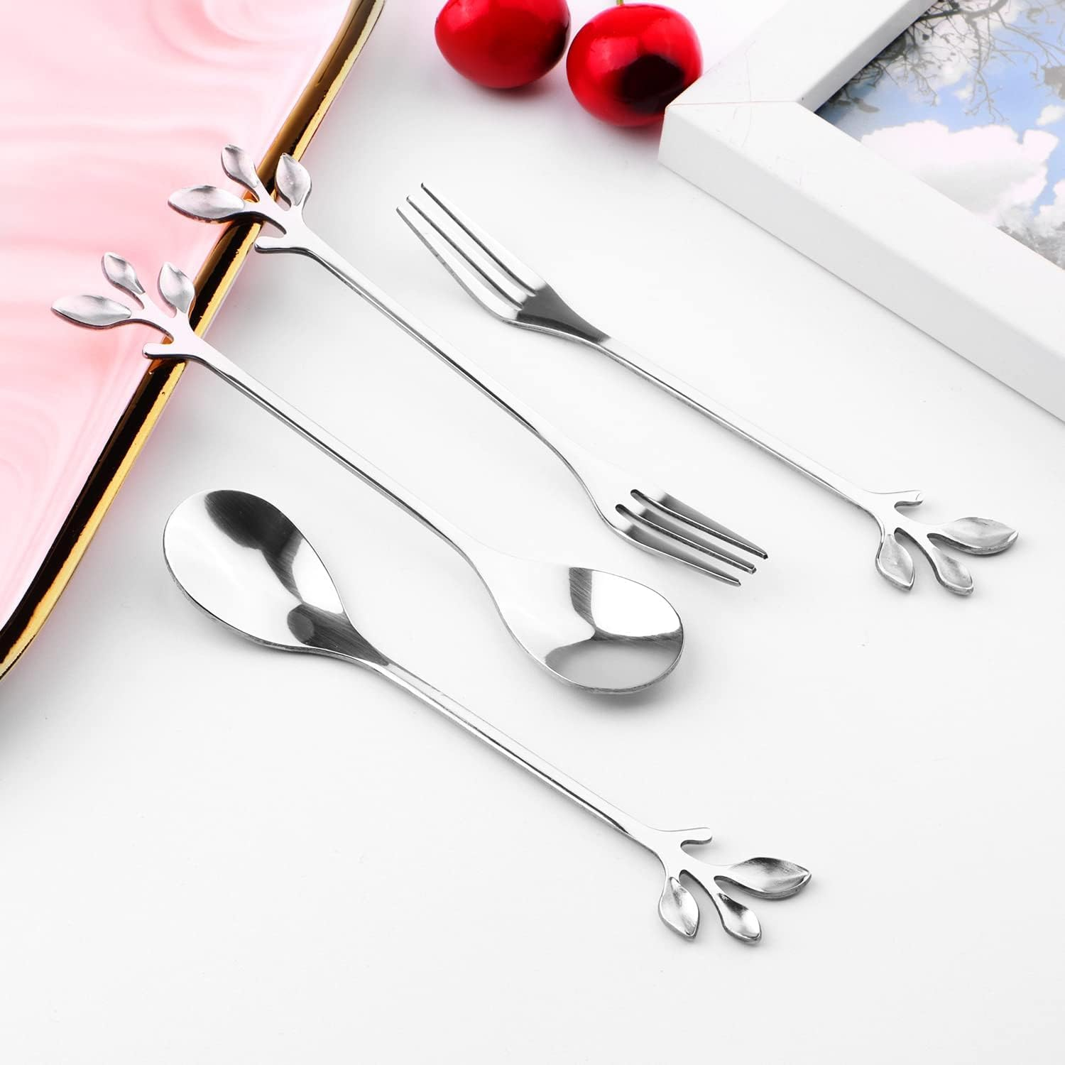 Stainless Steel Leaf Appetizercake Fruit Fork,10Pcs Leaf Handle Small Coffee Spoons and Dessert Fork,Stainless Steel Leaf Coffee Spoon and Fork,Stainless Steelleafcoffeespoonandfruitfork,Silver - Silver image number 6