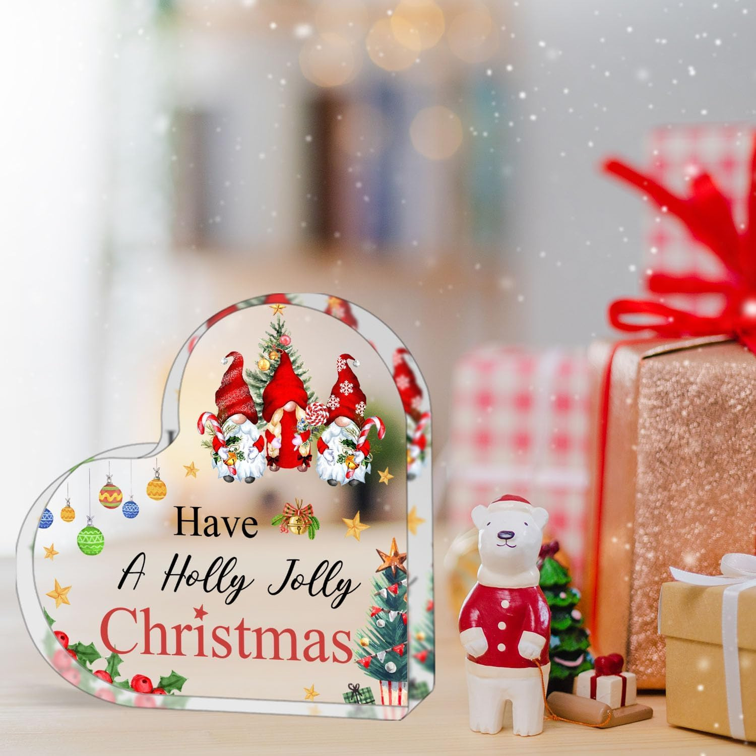 Acrylic Christmas Ornament, Heart Tabletop Ornament, Cute Holiday Home Decoration for Table, Mantel or Office Desk, Clear Acrylic Christmas Decor Sign, Gifts for Women, Girls, Mum, Friends (Gnome) - Tree image number 6