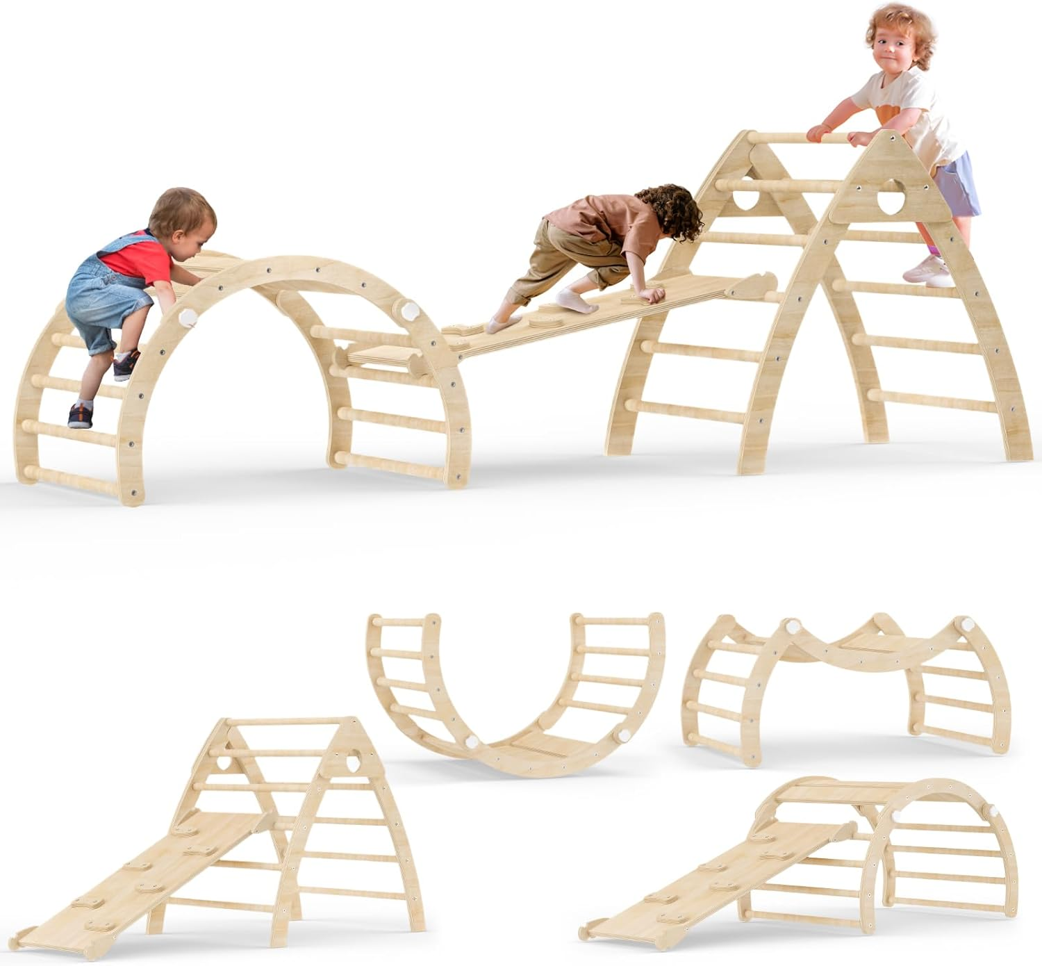 Pikler Triangle Set for Toddler Climbing Toy Indoor, Montessori Toddler Climbing Toys Set with Climbing Triangle, Ramp, Transformable Arch, Indoor Playground Climbing Toys Set for Toddlers
