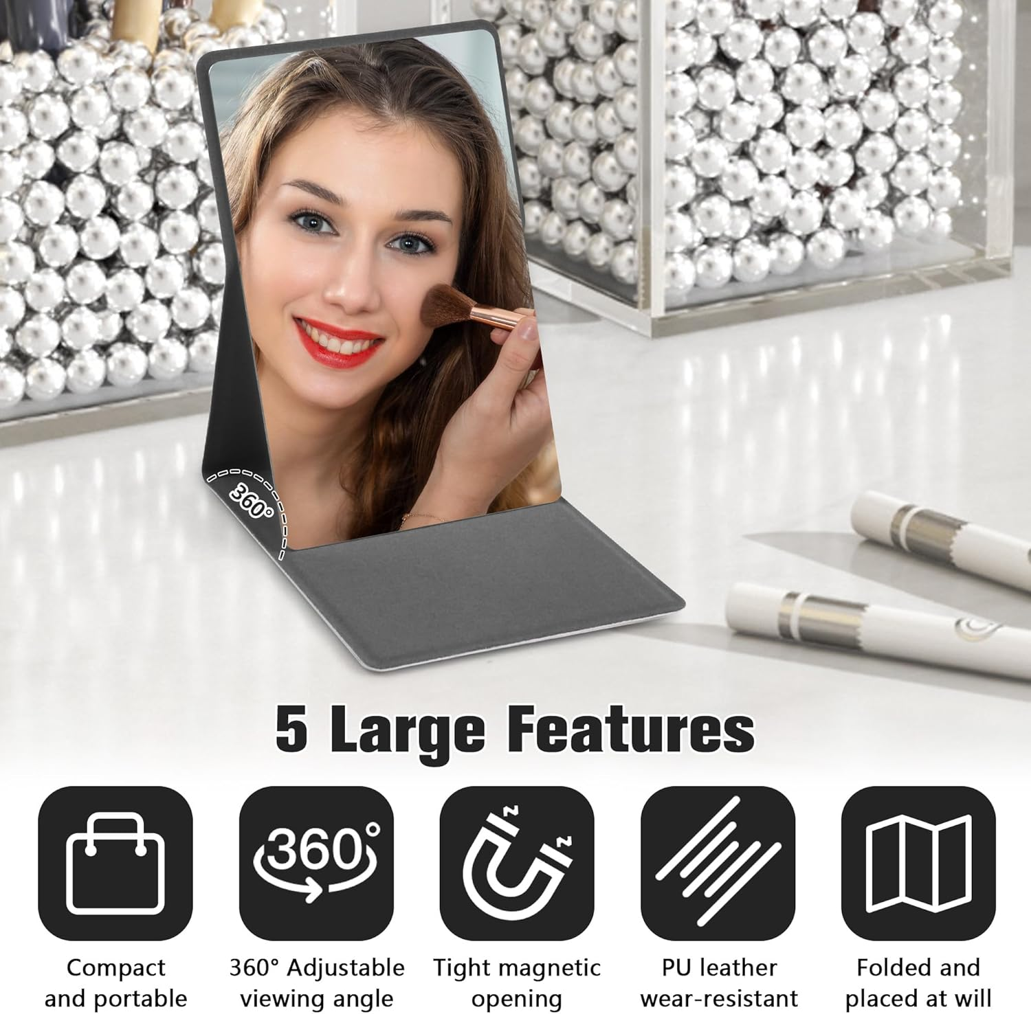 Zssxysm Compact Mirror, Travel Mirror, Small Hand Mirror with Cortical Shell, Ultra Thin Makeup Mirror, Portable Cosmetic Mirror for Travel, Camping & Makeup, 11 X 7 Cm - Gray image number 5