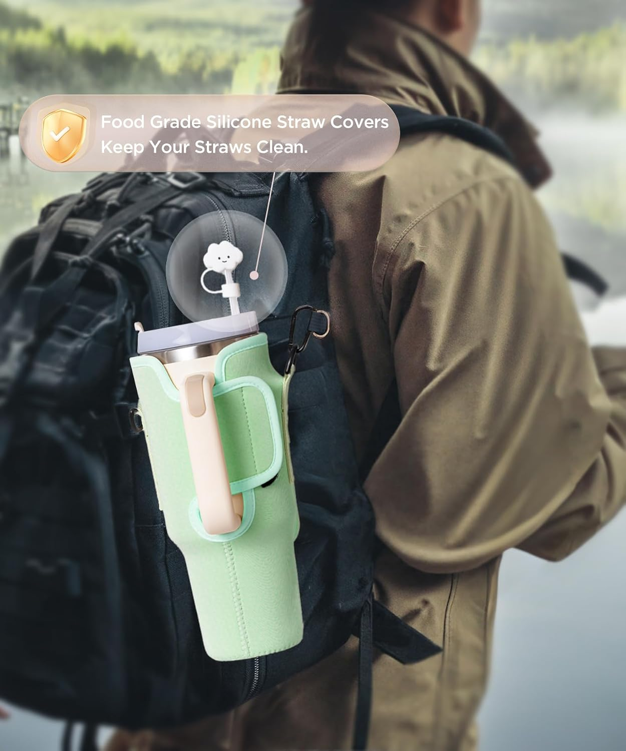 Dabria Water Bottle Carrier Bag with Phone Pocket for Stanley 40/30 Oz Tumbler Neoprene Water Bottle Holder Pouch with Adjustable Strap Bollus with Straw Cover & Carabiner for Stanley Cup Accessories image number 2