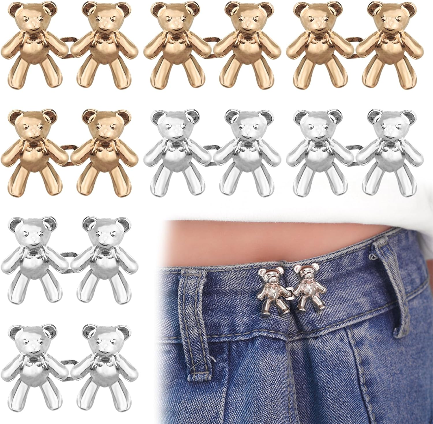 8 Pairs Cute Bear Jeans Button Pins for Clothing Pants No Sewing Detachable Waist Body Fit Tightening Buckles DIY Clothing Accessories for Women and Girls Skirt Jackets Jeans