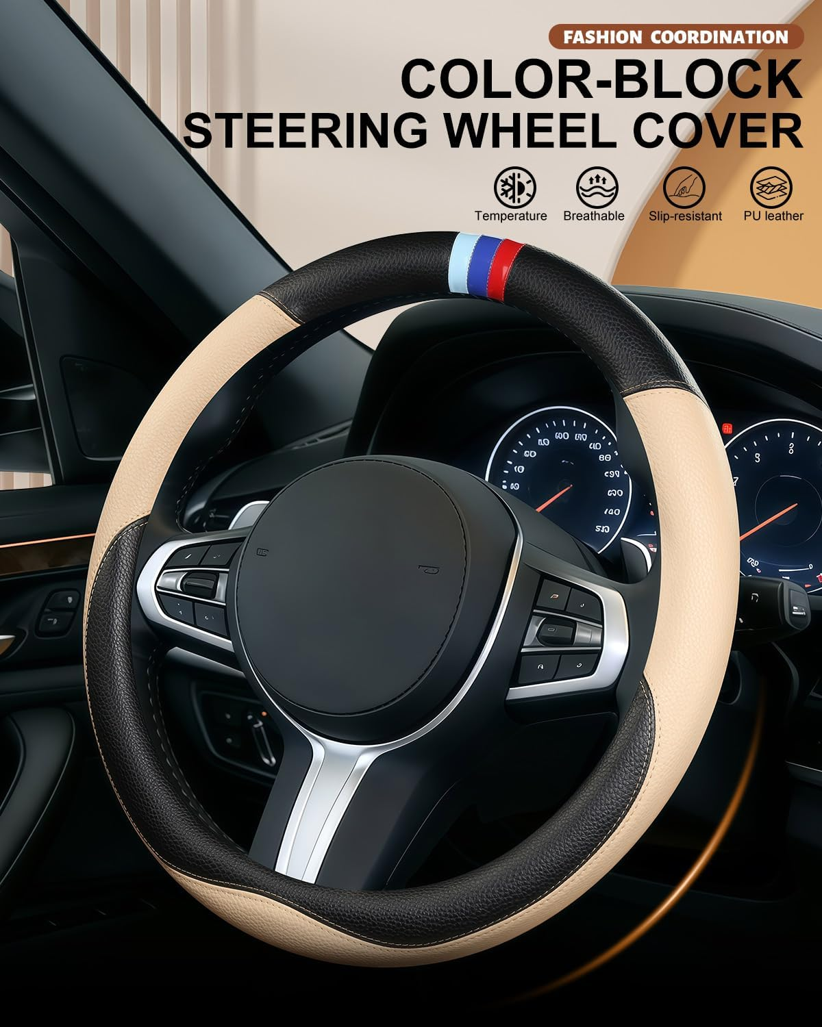 OHHMNKK Customized Auto Car Steering Wheel Cover for BMW X1,X2,X3,X4,X5,X6,X7,I3,I4,I5,14.5-15 Inch (Beige) - Black image number 6
