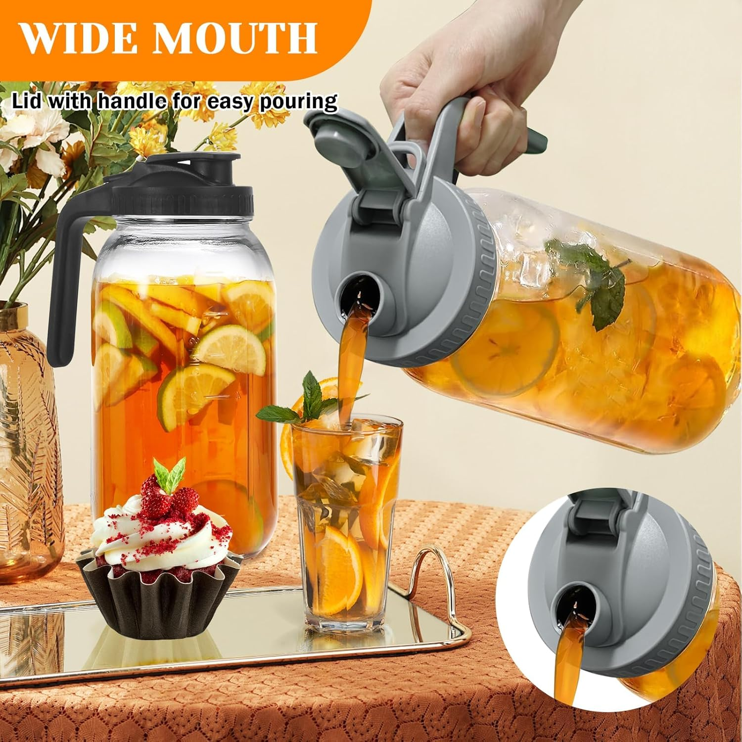 AVITONG 2 Pack Glass Drink Jugs with Handles & Lids &ndash; 1.9L Large Capacity Water Pitchers for Iced Tea, Juice, Lemonade & Fruit Infusion &ndash; Bpa-Free, Leakproof, Fridge & Dishwasher Safe image number 3