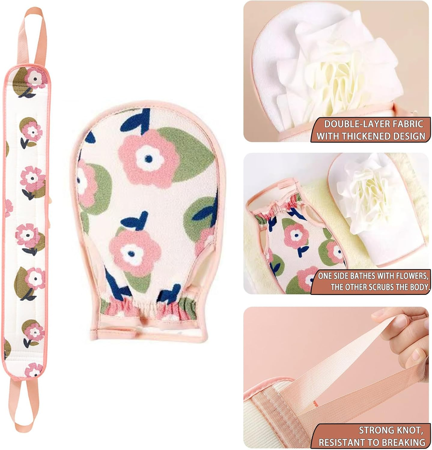 2Pcs Back Scrubber with Long Handle & Body Scrubber, Exfoliating Towel and Mitt Set for Shower and Bath (Pink)