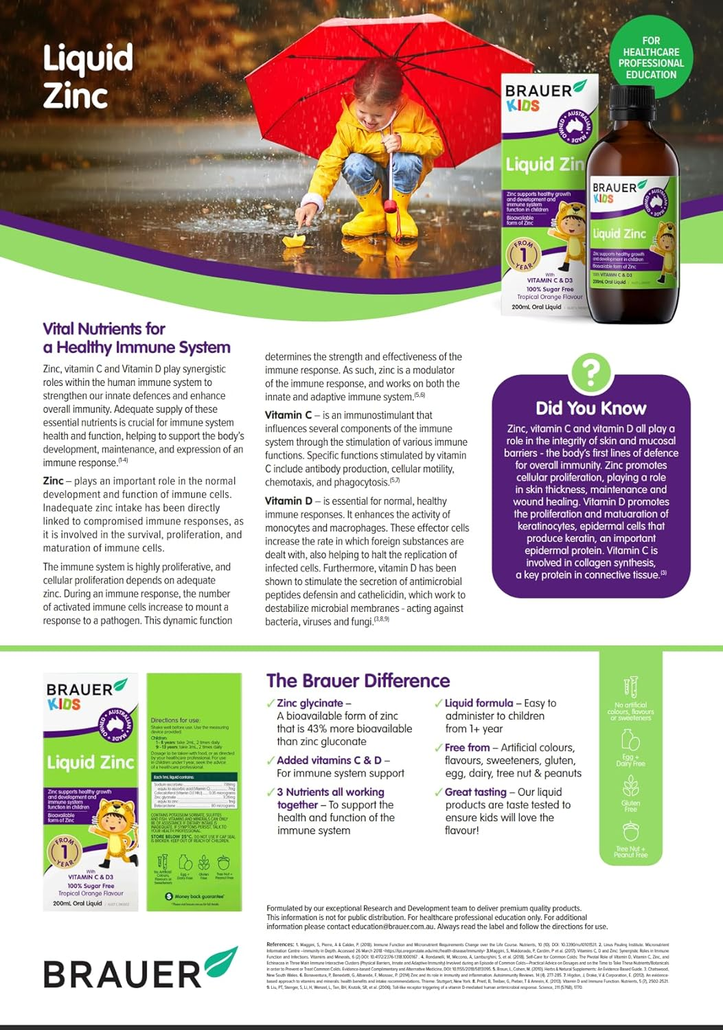 Brauer Liquid Zinc with Vitamins C & D3-200ML, Supports Immunity, Growth & Development, 100% Sugar-Free, from 1 Year+