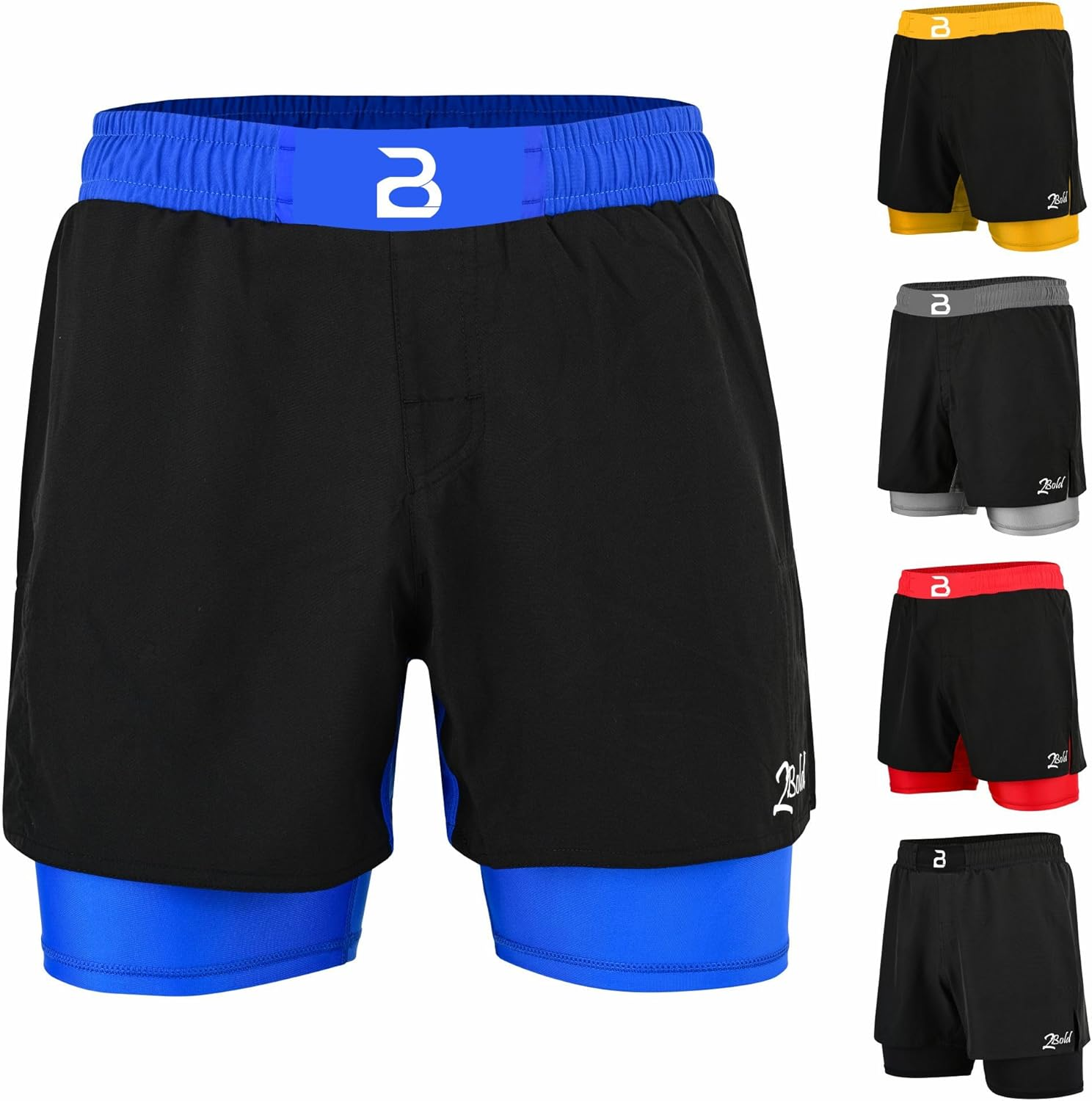 2BOLD MMA Kid&rsquo;S 2 in 1 Board Shorts BJJ Built in Compression Lining Athletic Gym Boxing Jiu-Jitsu No-Gi Grappling Shorts