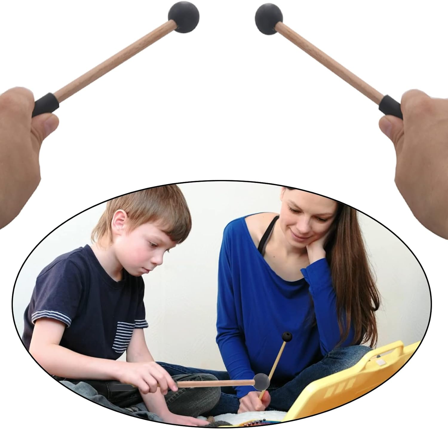 8 Inch Wood Percussion Mallets, 1 Pair Black Drum Sticks with Rubber Head and Handle for Xylophone Glockenspiel Marimba Woodblock Tongue Drum