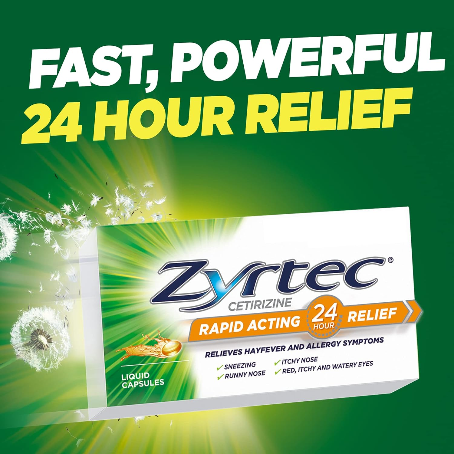 Zyrtec Rapid Acting Hayfever Allergy Relief Antihistamine Liquid Capsules 10 Pack |Contains Cetirizine|Provides Relief from Sneezing, Runny, Itchy Nose, Red, Itchy and Watery Eyes, Post Nasal image number 1