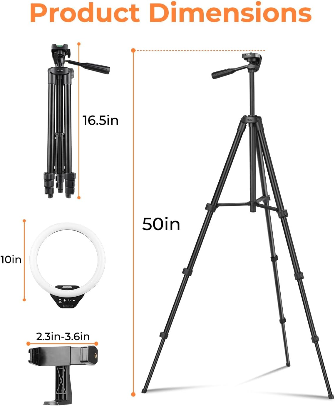 Sensyne 10'' Ring Light with 50'' Extendable Tripod Stand, LED Circle Lights with Phone Holder for Live Stream/Makeup/Youtube Video/Tiktok, Compatible with All Phones image number 3