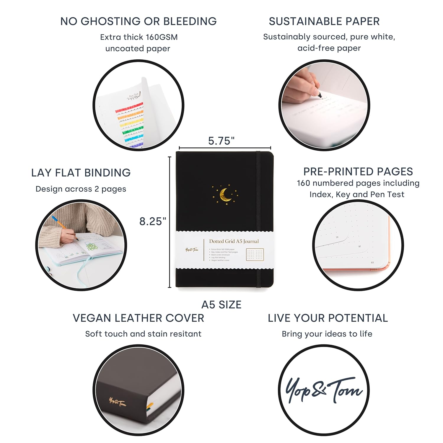 Yop & Tom Dotted Journal Notebook A5 - Moon and Stars - Updated 2021 Design - with Extra Thick Paper (160 GSM) - Bullet Grid Journal - Charcoal image number 5