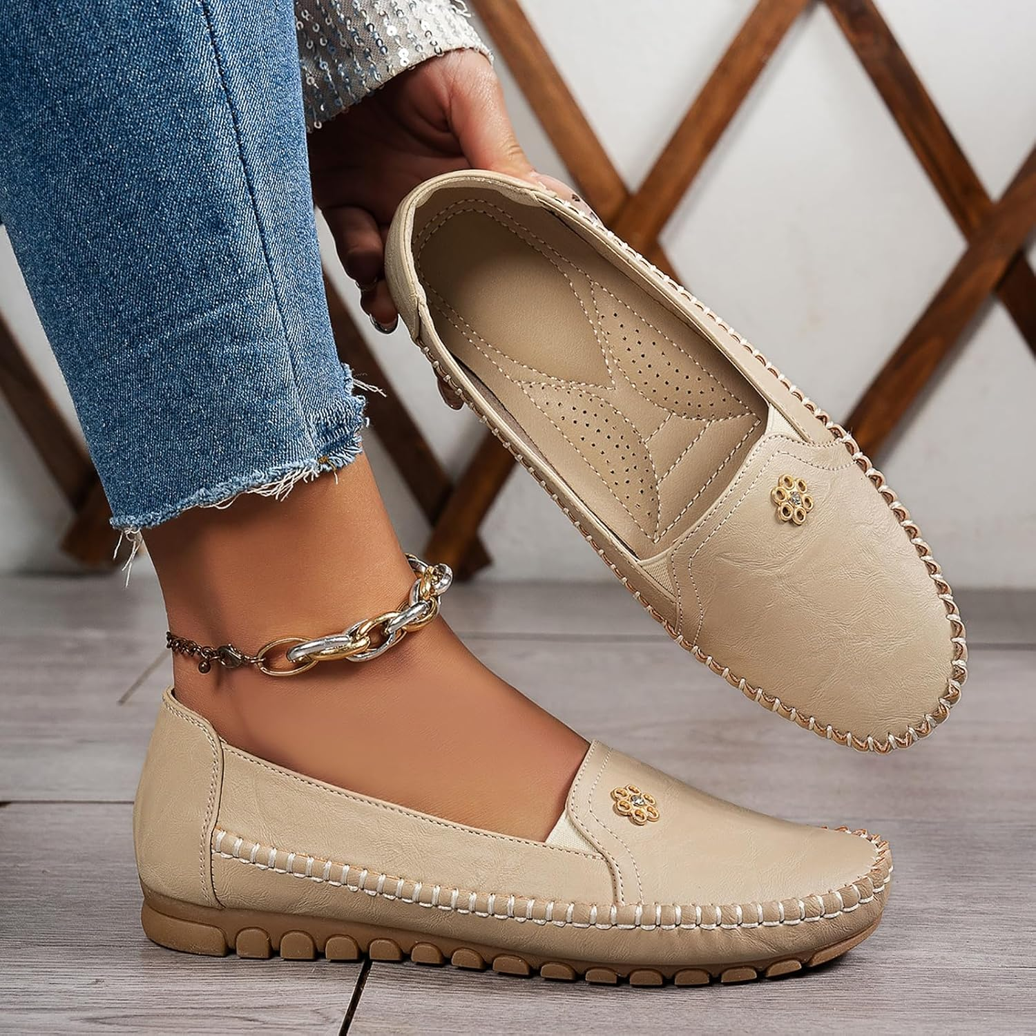 Orthopedic Leather Shoes，Womens Slip-On Walking Flats Loafers Business Casual Shoes for Work Driving image number 6