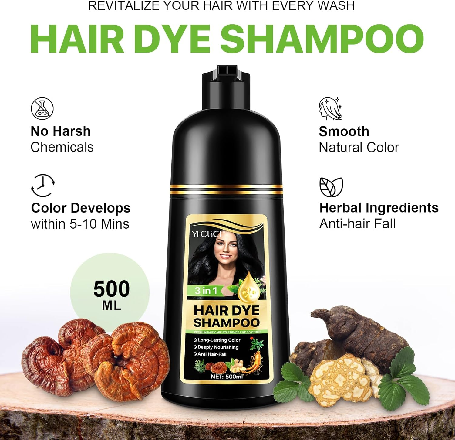 Black Hair Dye Shampoo 3 in 1, Natural Black Shampoo Hair Dye for Men and Women, Grey Hair, Easy to Use, 500Ml image number 2
