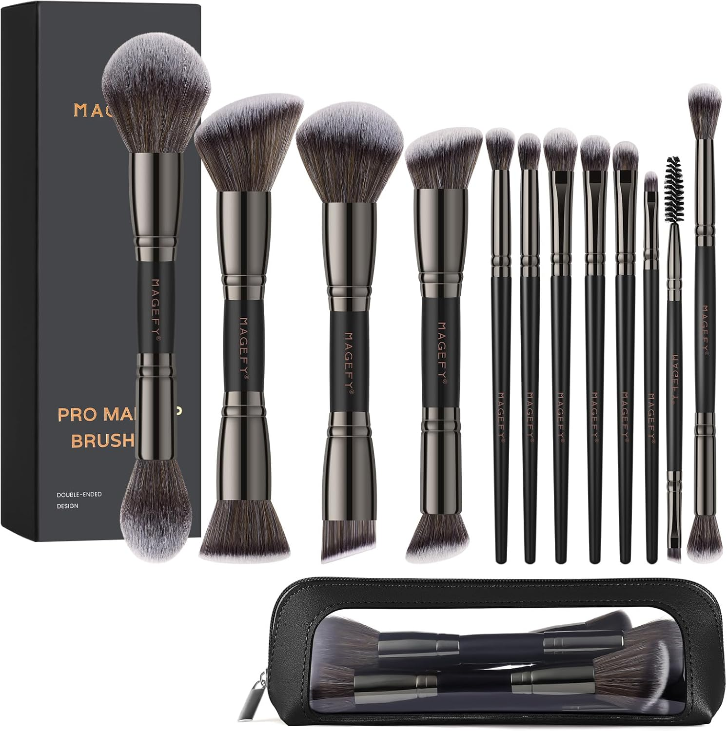 MAGEFY 12Pcs Makeup Brushes with Bag, Double-End Multi-Functional for Foundation Powder Blush Eyeliner Eyeshadows Makeup Brush Set with Gift Box (Black Gold)