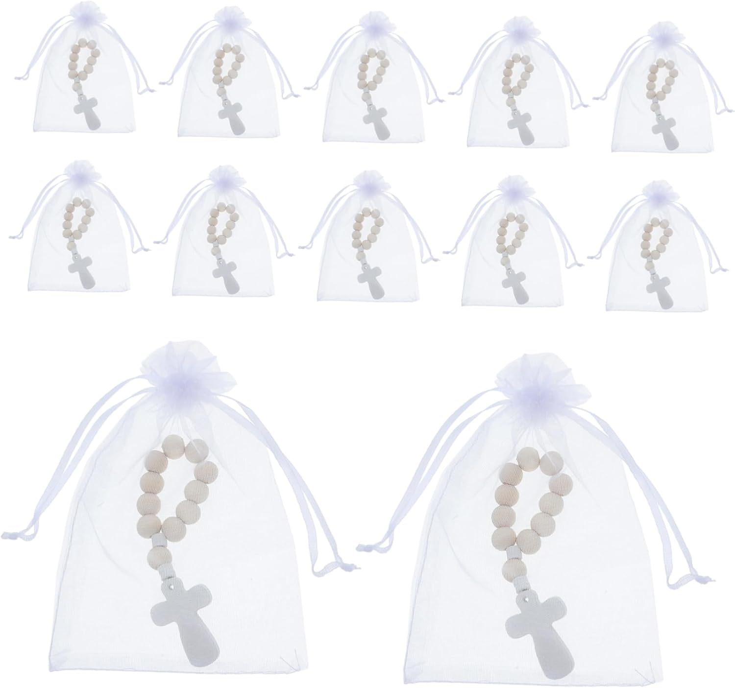 VILLFUL 40 Sets Wooden Bead Rosary Bracelets with Cross Charms for Baptism and First Communion Baby Shower Favors with Organza Bags image number 3