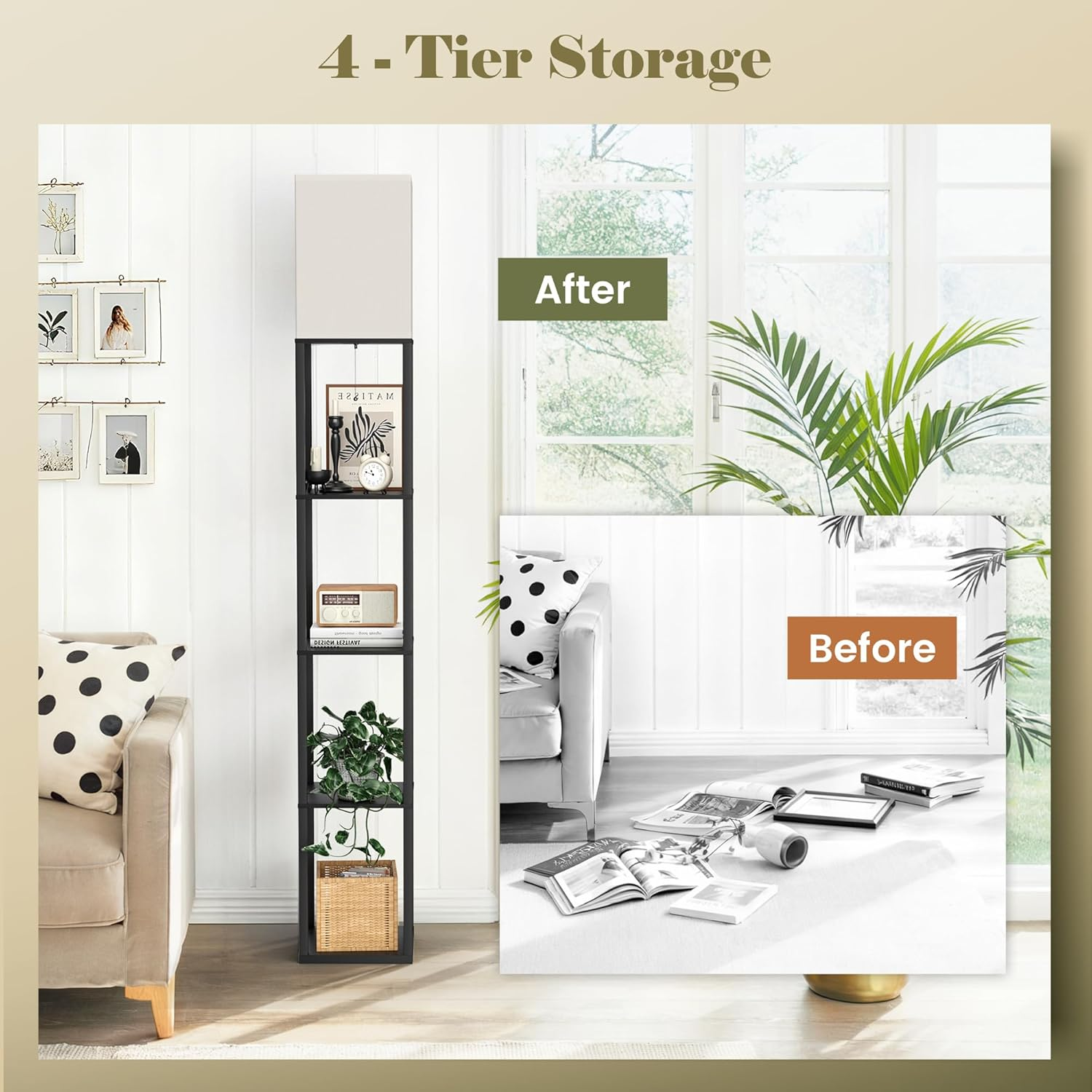 Floor Lamp with Shelves, Modern Square Shelf Lamp with 3 Color Temperature Bulb, Corner Storage Display Bookshelf Standing Floor Lamp for Living Room Bedroom Office-4 Layer image number 2