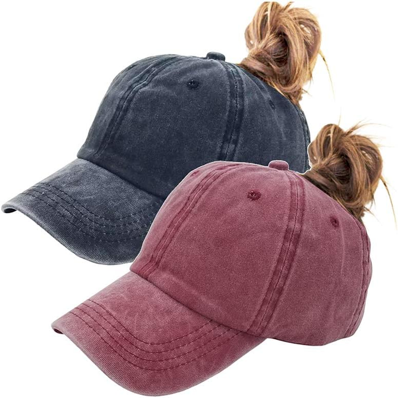Eohak Ponytail Baseball Hat Distressed Retro Washed Womens Twill
