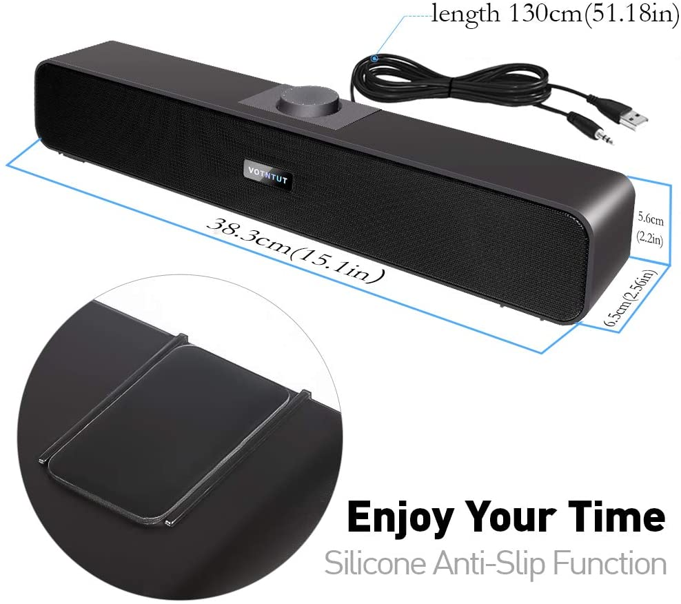 VOTNTUT Computer Speakers, Wired USB Mini Sound Bar Speaker for PC Tablets Laptop MP3 Mac Air/Pro (USB-C to USB Adapter Included) (Black) image number 3