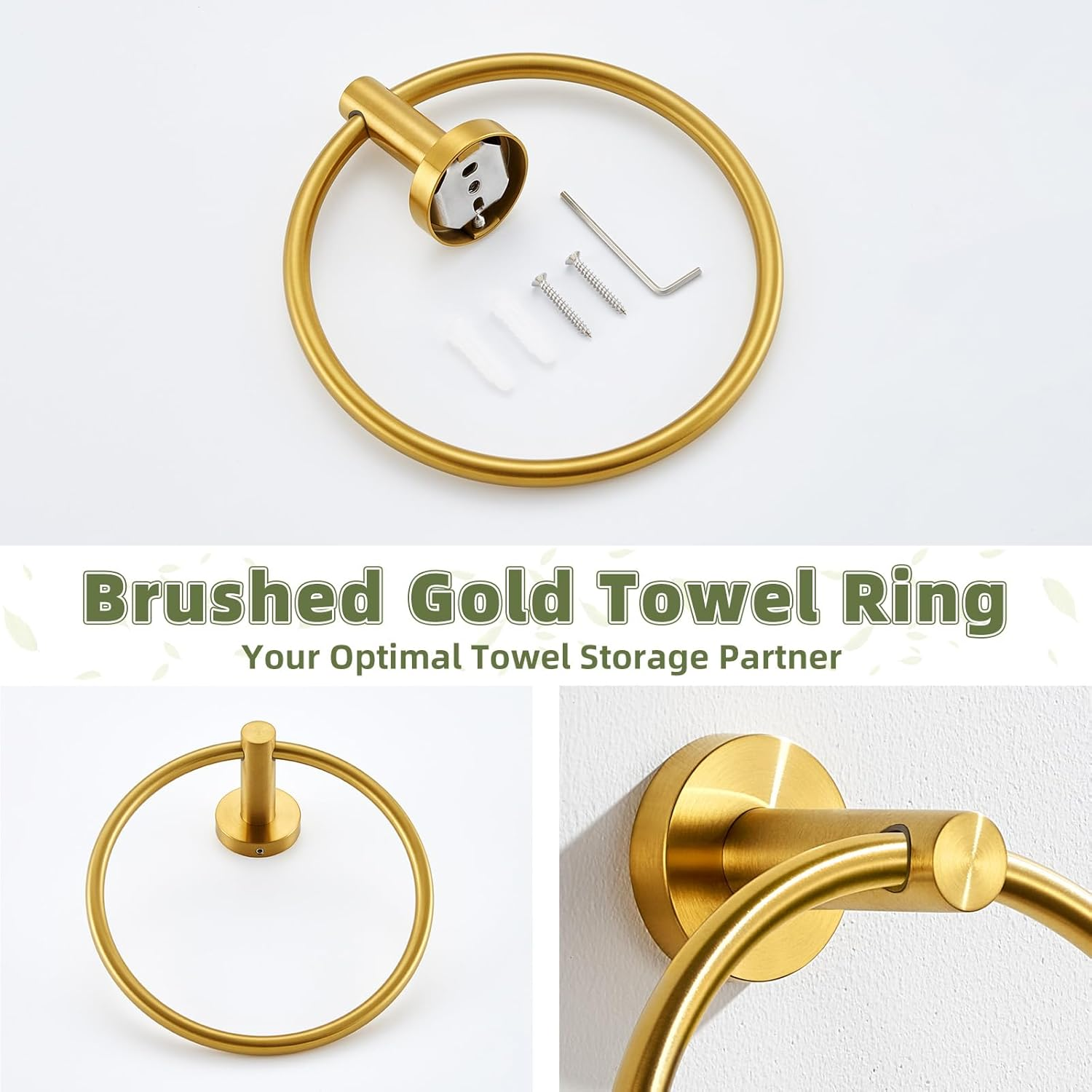 Aplusee Hand Towel Ring Brushed Gold, SUS 304 Stainless Steel round Towel Holder for Contemporary Bathroom Toilet Kitchen Storage, Wall Mounted image number 2