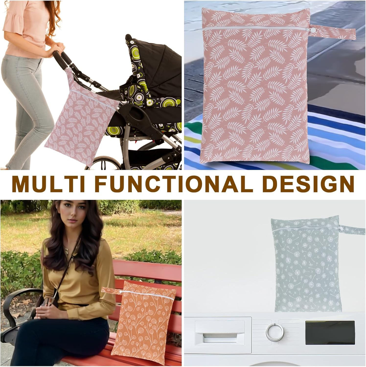 3Pcs Waterproof Wet Bag, Wet Bag Storage Bag Washable Travel Bags with Zipper Closure, Reusable Baby Diaper Bag Organizing Pouches Wet Bag for Swimsuit, Towels, Wet Clothes, Beach, 14" X 11", Style 2, image number 5