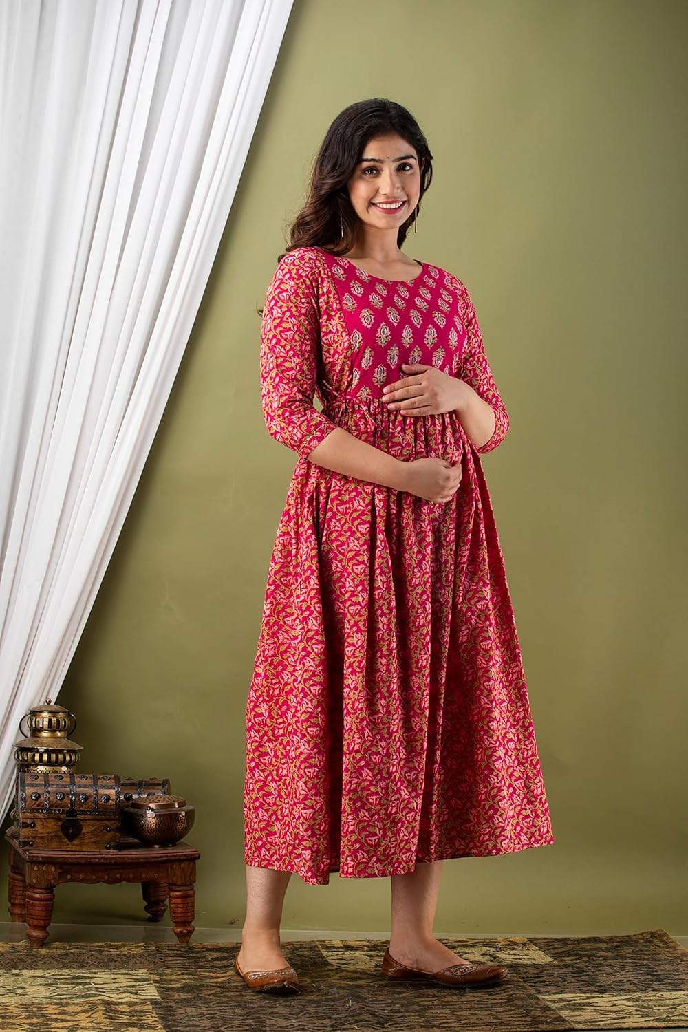 Aizza Trends Women'S Maternity Gown |Feeding Gown Kurta | Baby Shower Dress | Feeding Dress-Pink-3