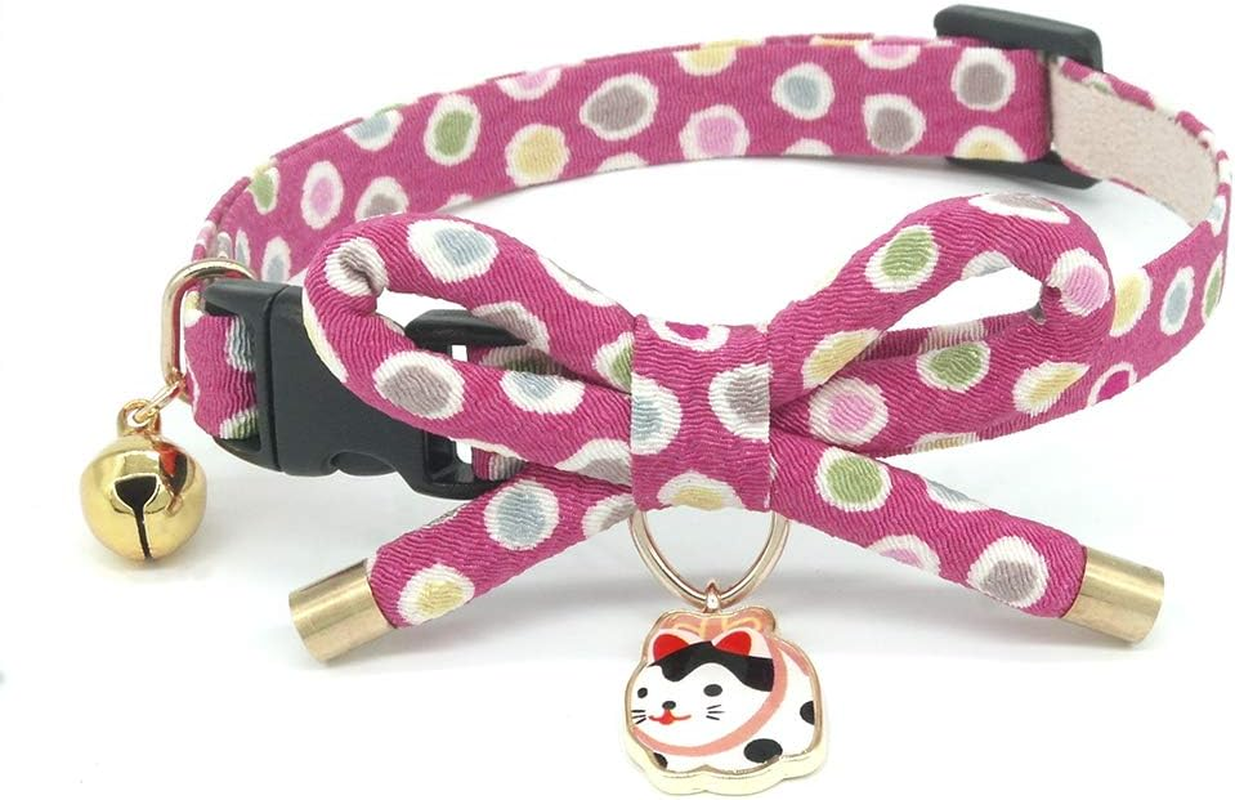 Petsokoo Cute Bowknot Cat Collar with Bell. Japan Colorful Polka Dots Pattern. Lucky Cat Charm. Safety Breakaway, Soft, for Girl Boy Male Female Adult Cats,Red