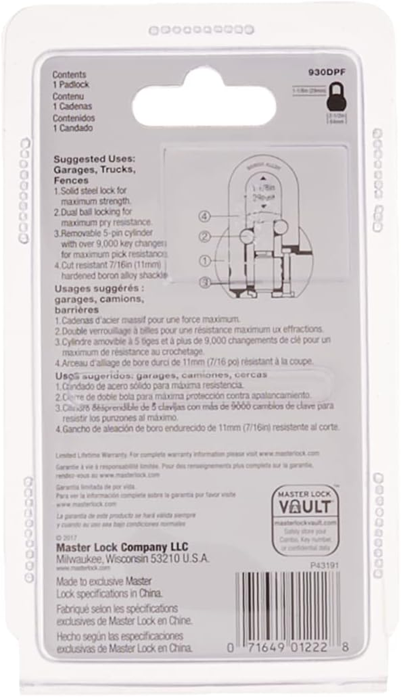 Master Lock Padlock, Solid Steel Lock, 2-1/2 In. Wide, 930DPF image number 1