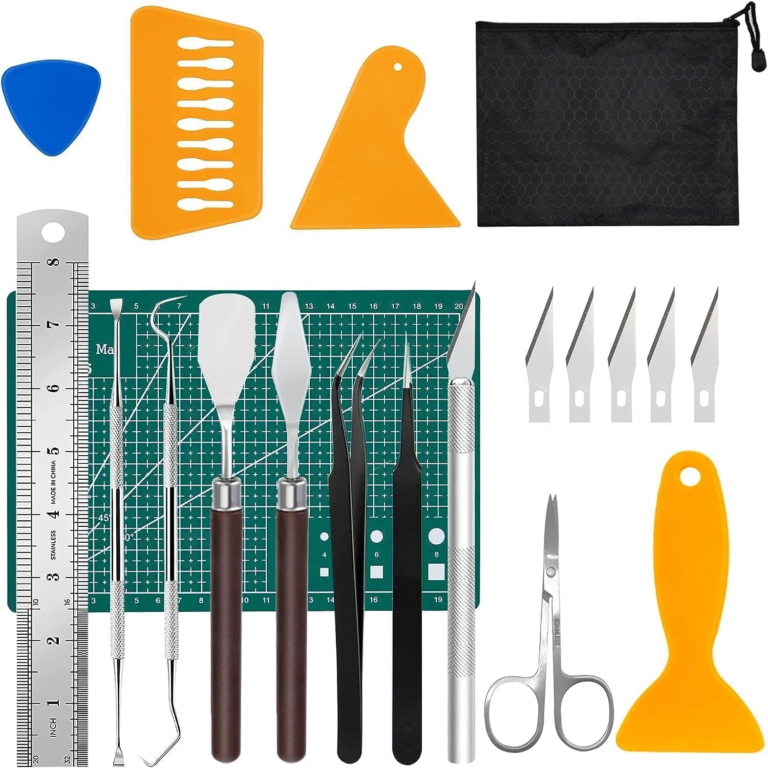 BLAZDEVE 19 Pieces Vinyl Weeding Tools Stainless Steel Plotter Accessories HTV + 1 Piece A5 Cutting Mat, DIY Craft Tool Set, Cameos, Lettering, Including Weeding Hooks, Tweezers, DIY Gift