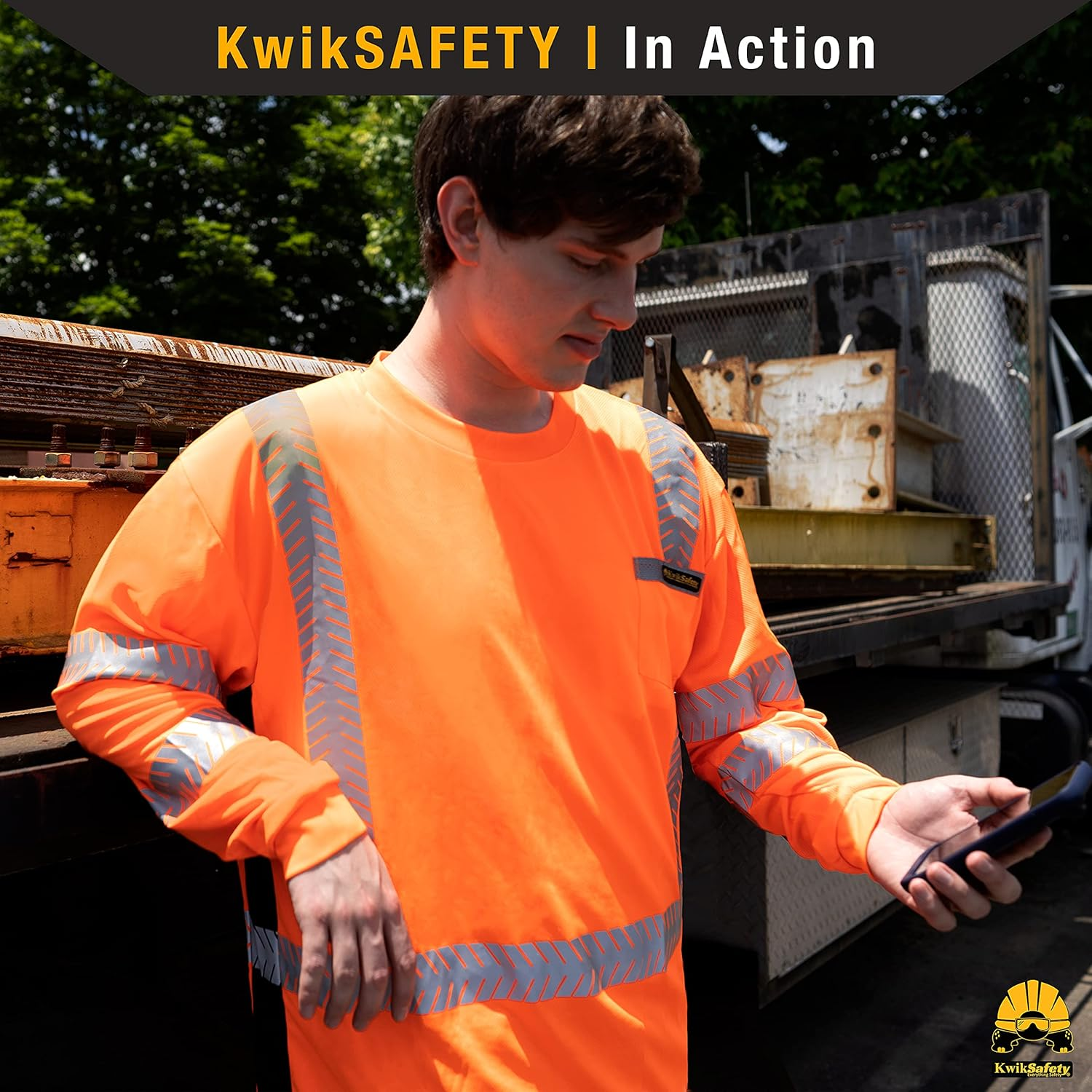 Kwiksafety (Charlotte, NC Renaissance Man | Class 3 Long Sleeve Safety Shirt | ANSI Work Wear | Hi Vis Moisture Wicking Silver Fishbone | Men Women Construction Exercise Security | Orange 3XL image number 3