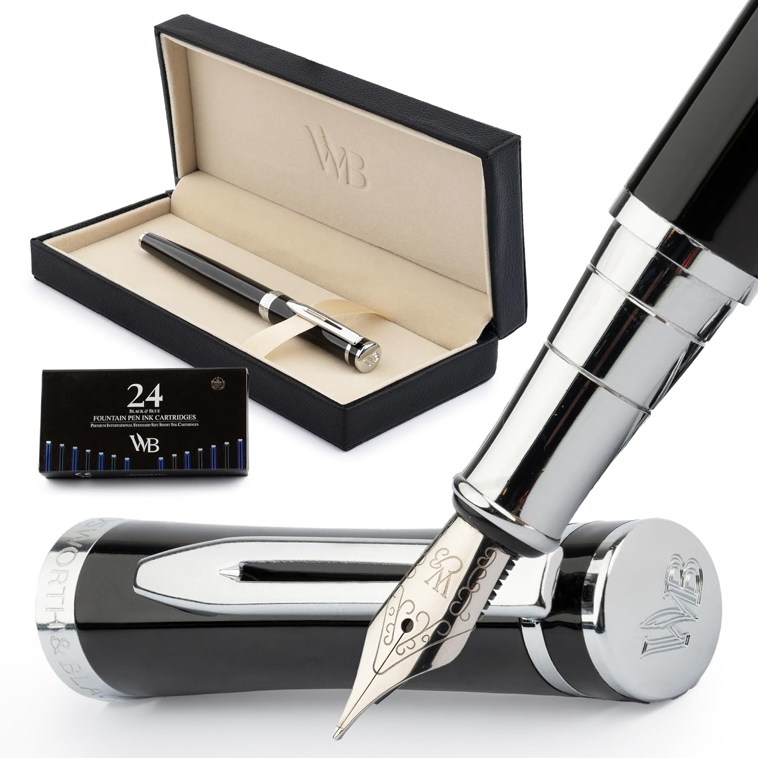 Wordsworth & Black Fountain Pen Set, 18K Gilded Medium Nib, Includes 24 Pack Ink Cartridges, Ink Refill Converter & Gift Box, Gold Finish, Calligraphy, [Brown Gold], Perfect for Men & Women