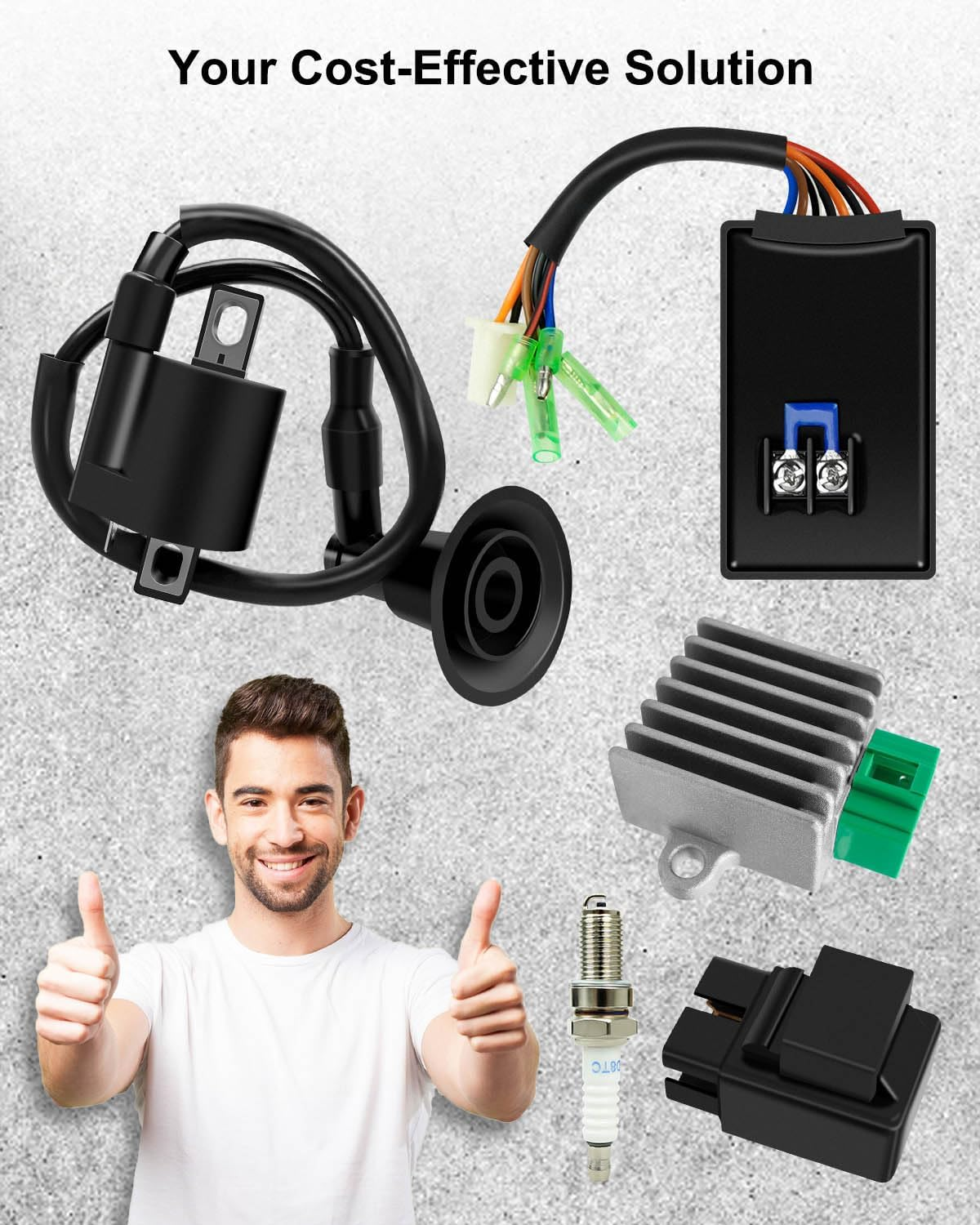 5PCS CDI Box Ignition Coil Kit Fit for Polaris Sportsman 90 Scrambler 90 50 Predator 90 50 2001-2007 with Voltage Regulator Rectifier Starter Relay Solenoid and Spark Plug image number 2