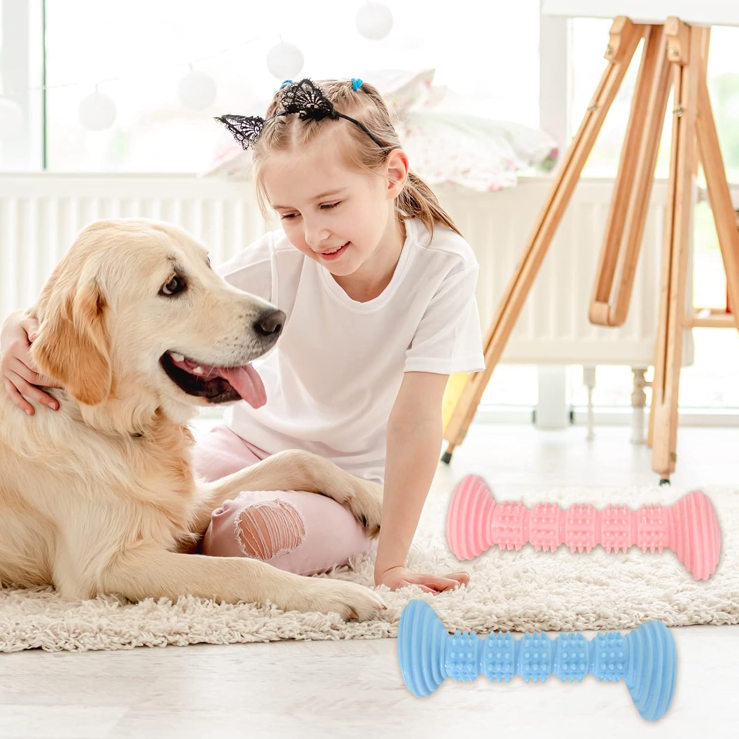 Pack of 2 Dog Chew Toy, 13 Cm Hard Rubber Chew Toy with Convex Design for Small and Medium Dogs, Teeth Cleaning and Gums, Dog Toothbrush, Dog Accessories for Dogs (Blue + Pink) image number 6