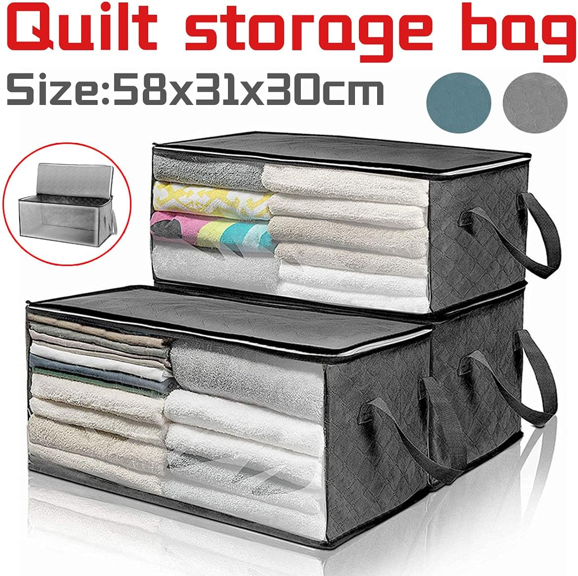 Portable Easy to Carry Quilt Bag Box Flat Foldable Home Storage Organisation (Blue) image number 2