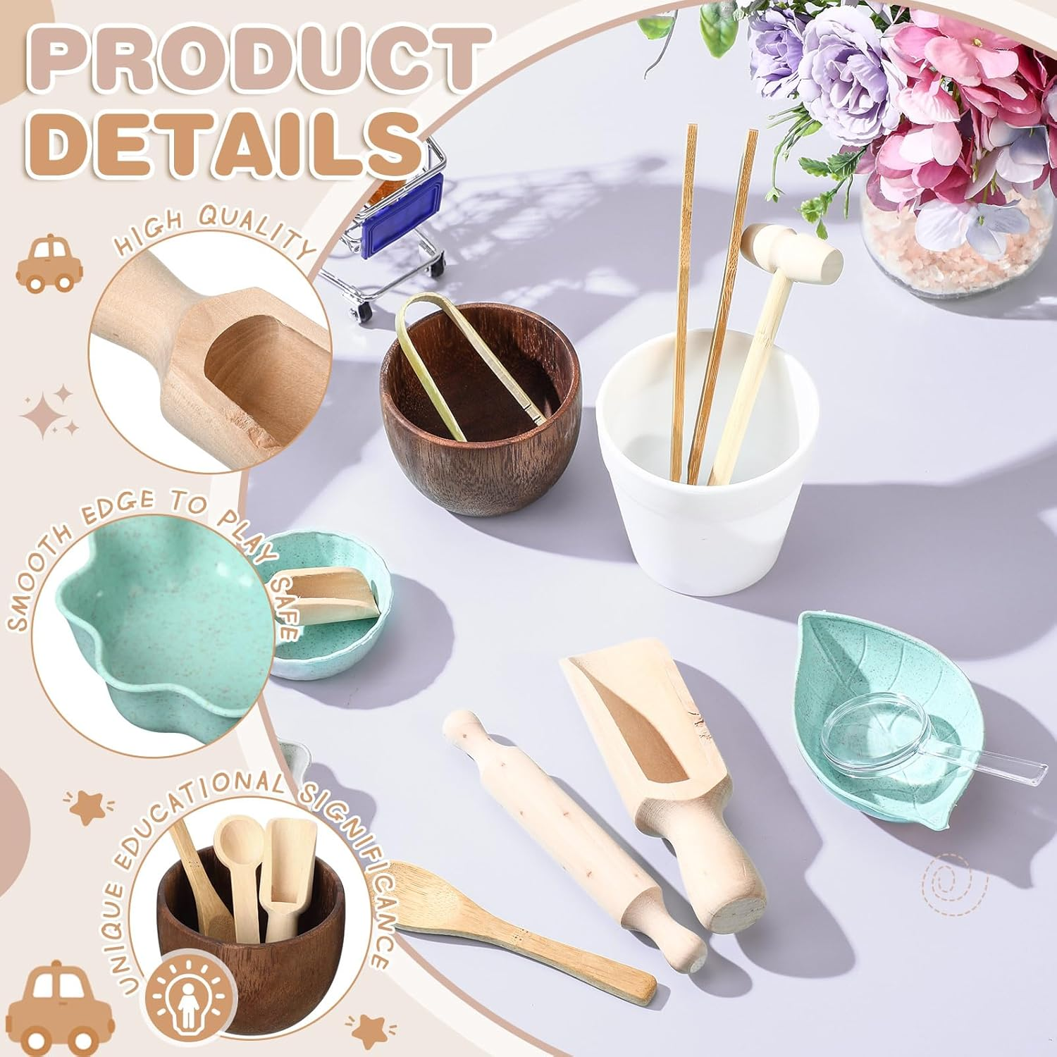 Tiangrid 14Pcs Sensory Bin Tool Sensory Tools for Boys and Girls Sensory Bin Toys Wooden Tong Spoons Bowls Plate Hammer Magnifying Glass and Rolling Pin for Transfer Work and Fine Motor Learning